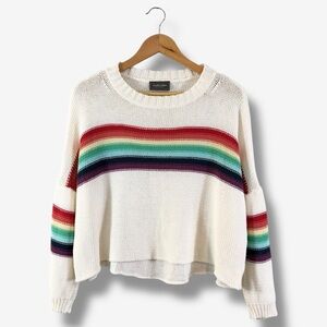 Wooden Ships Crochet Knit Sweater Size XS Ivory Rainbow Stripe Oversized Beachy